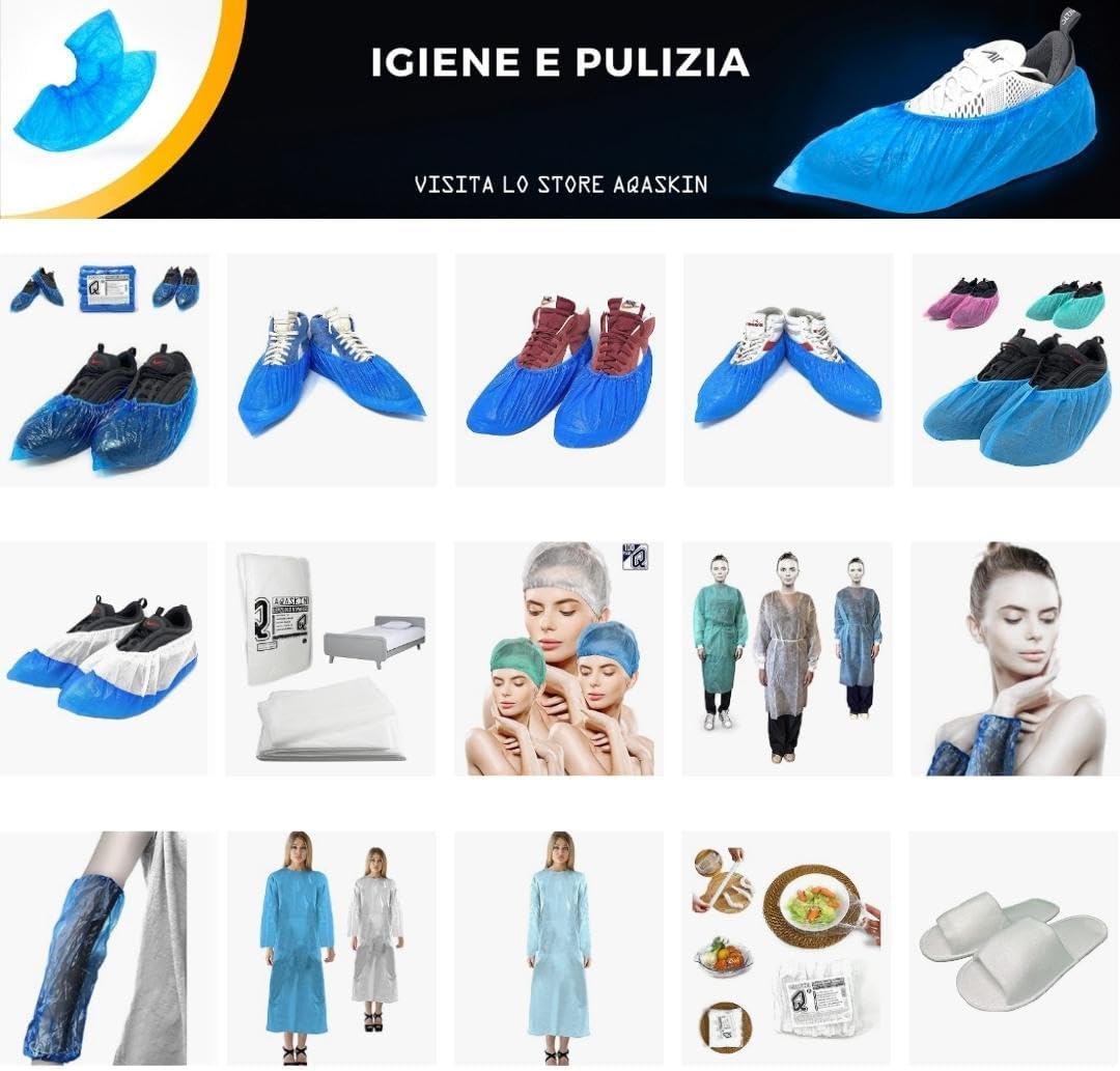 AQASKIN - 100 Copriscarpe Monouso Resistenti 3,2g - Calzari Usa e Getta in CPE - DPI Dispositivi di Protezione Individuale - Pulizia per la Casa - Giardinaggio - Colore BLU