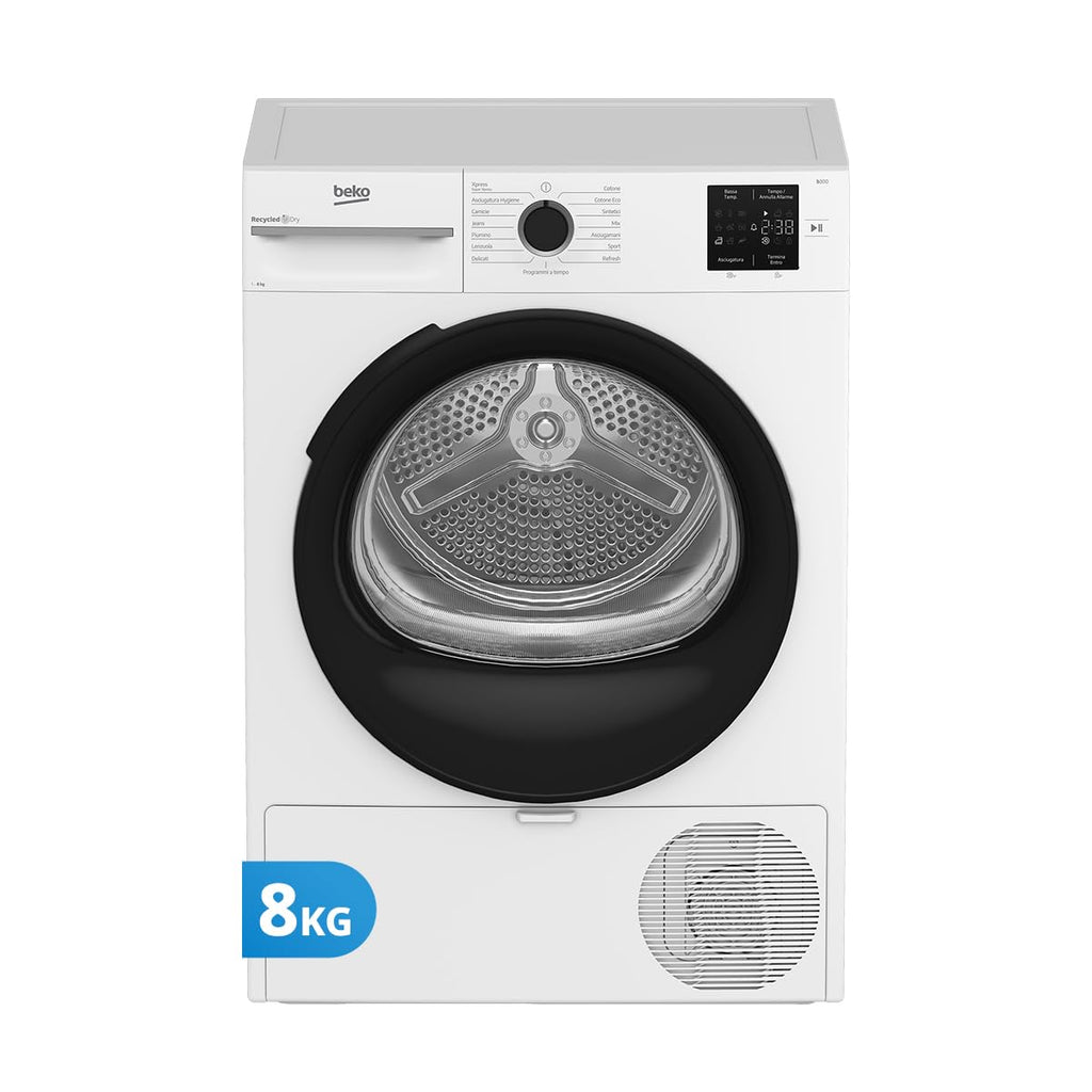 Beko BMTAM83EB Asciugatrice 8 Kg a Libera Installazione, Classe D, Display Digitale, 15 Programmi, Motore Garantito 10 Anni, Bianco con Oblò Nero