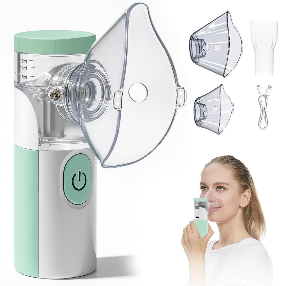 Aerosol Portatile Silenzioso, Macchina Aerosol Ricaricabile,Atomizzazione e assorbimento ad alta efficienza,Kit con 2 Maschere e 1 Boccaglio,per Adulti e Bambini
