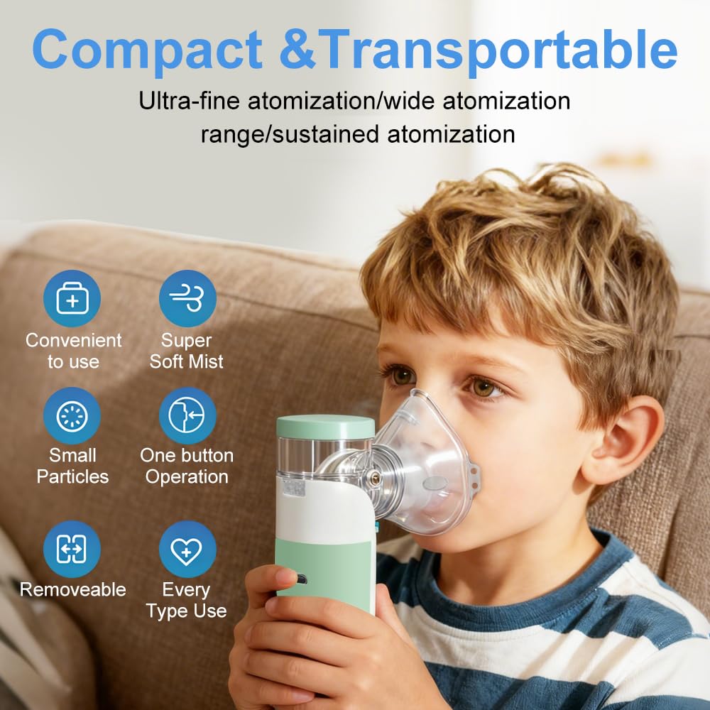 Aerosol Portatile Silenzioso, Macchina Aerosol Ricaricabile,Atomizzazione e assorbimento ad alta efficienza,Kit con 2 Maschere e 1 Boccaglio,per Adulti e Bambini
