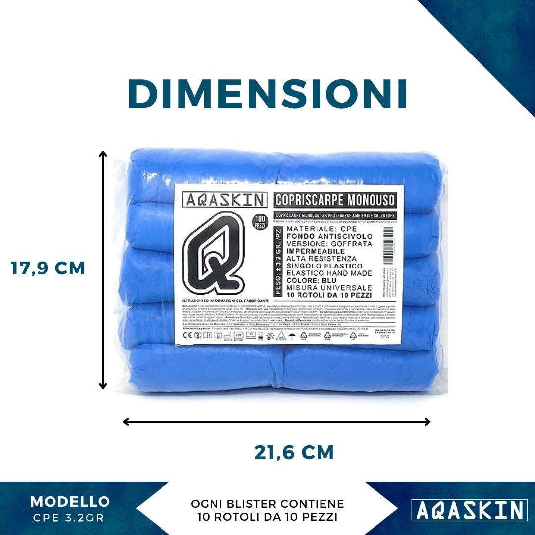 AQASKIN - 100 Copriscarpe Monouso Resistenti 3,2g - Calzari Usa e Getta in CPE - DPI Dispositivi di Protezione Individuale - Pulizia per la Casa - Giardinaggio - Colore BLU