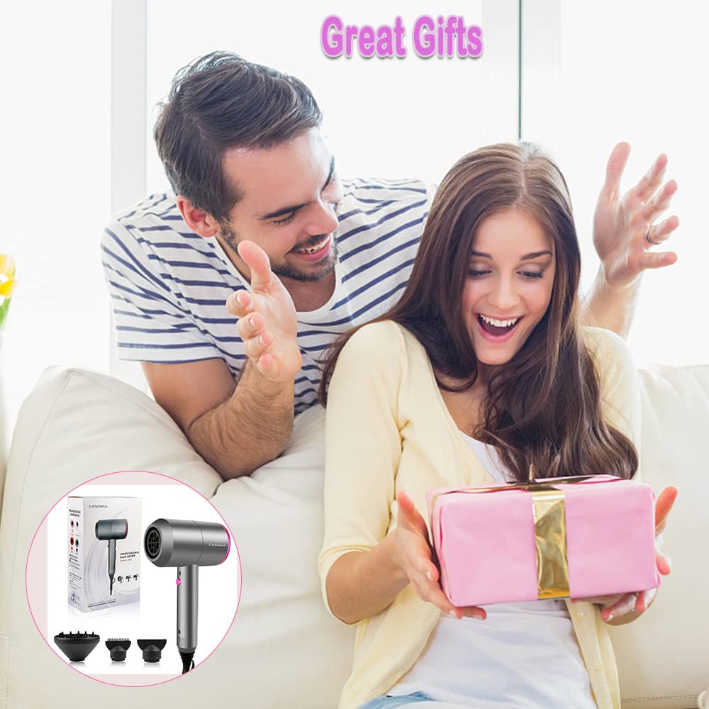 Asciugacapelli agli ioni professionale, con motore AC, ad asciugatura rapida, con 2 velocità e 3 impostazioni del calore, pulsante per aria fredda, 1 diffusore e 2 concentratori, grigio