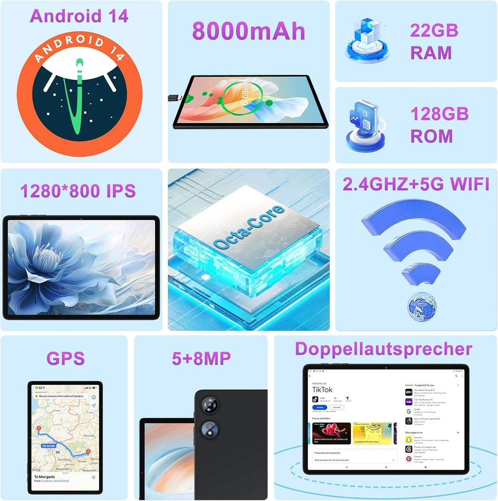 2026 Tablet 10 Pollici Android con Octa-Core 2.0 GHz, 22GB RAM + 128GB ROM (TF/2TB), Widevine L1, 5G WiFi 6, Bluetooth 5.0, 1280 * 800 FHD IPS, 8000mAh, GMS, Newest Tablet con Tastiera e Mouse - Nero