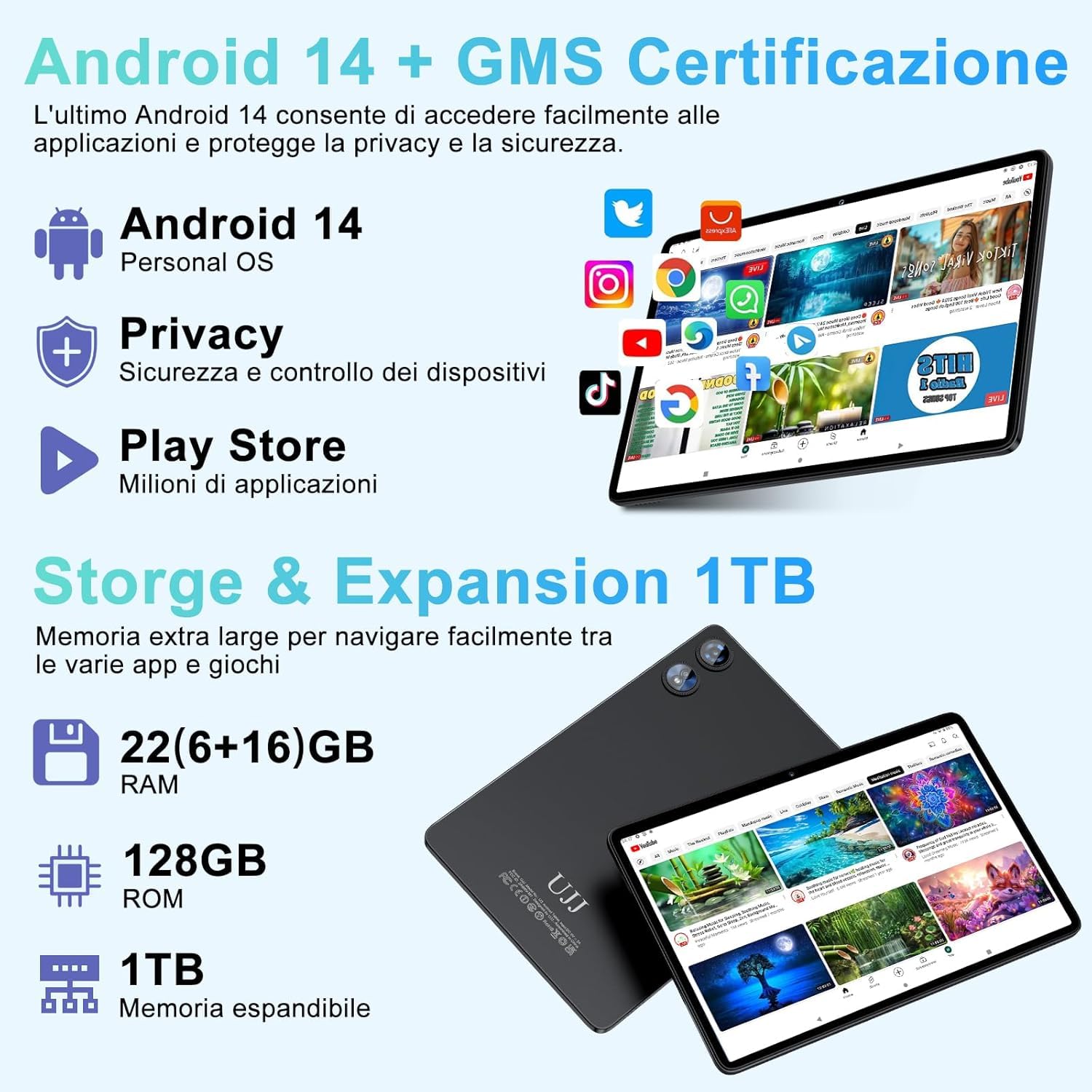 2026 Tablet 10 Pollici Android con Octa-Core 2.0 GHz, 22GB RAM + 128GB ROM (TF/2TB), Widevine L1, 5G WiFi 6, Bluetooth 5.0, 1280 * 800 FHD IPS, 8000mAh, GMS, Newest Tablet con Tastiera e Mouse - Nero