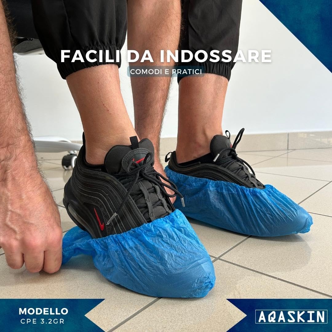 AQASKIN - 100 Copriscarpe Monouso Resistenti 3,2g - Calzari Usa e Getta in CPE - DPI Dispositivi di Protezione Individuale - Pulizia per la Casa - Giardinaggio - Colore BLU