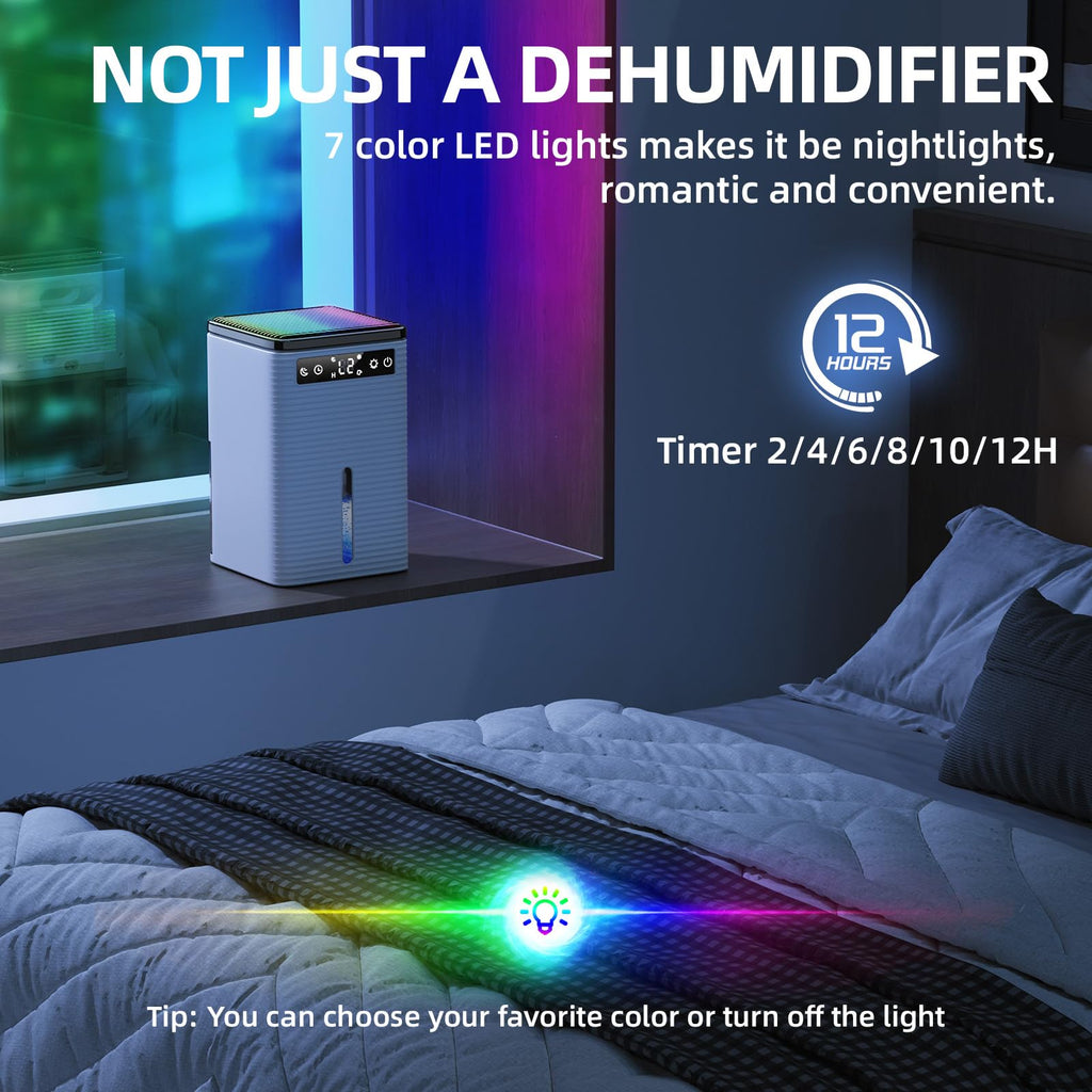 Deumidificatore Casa Muffa, 2500ML, 30dB Ultra Silenzioso, Deumidificatore Portatile per Casa, Ufficio, Bagno, Armadio, Spegnimento Automatico, Timer 2-12 Ore, Dehumidifier con Luce LED, 700ml/24H