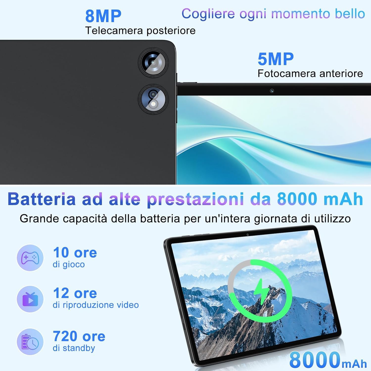 2026 Tablet 10 Pollici Android con Octa-Core 2.0 GHz, 22GB RAM + 128GB ROM (TF/2TB), Widevine L1, 5G WiFi 6, Bluetooth 5.0, 1280 * 800 FHD IPS, 8000mAh, GMS, Newest Tablet con Tastiera e Mouse - Nero