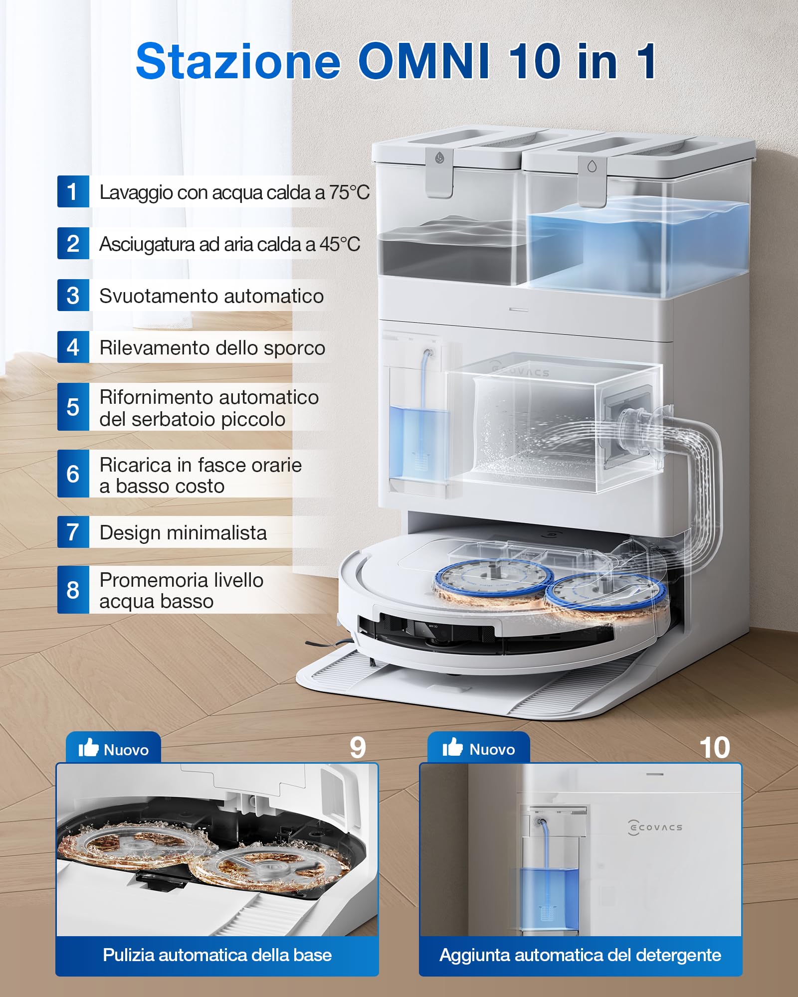 ECOVACS DEEBOT T50 PRO OMNI Gen2 Robot Aspirapolvere Lavapavimenti, (Migliorato da T30 PRO), 21000 Pa, Spazzola Laterale Estensibile e Lavapavimenti, Aggiunta Automatica Soluzione Detergente