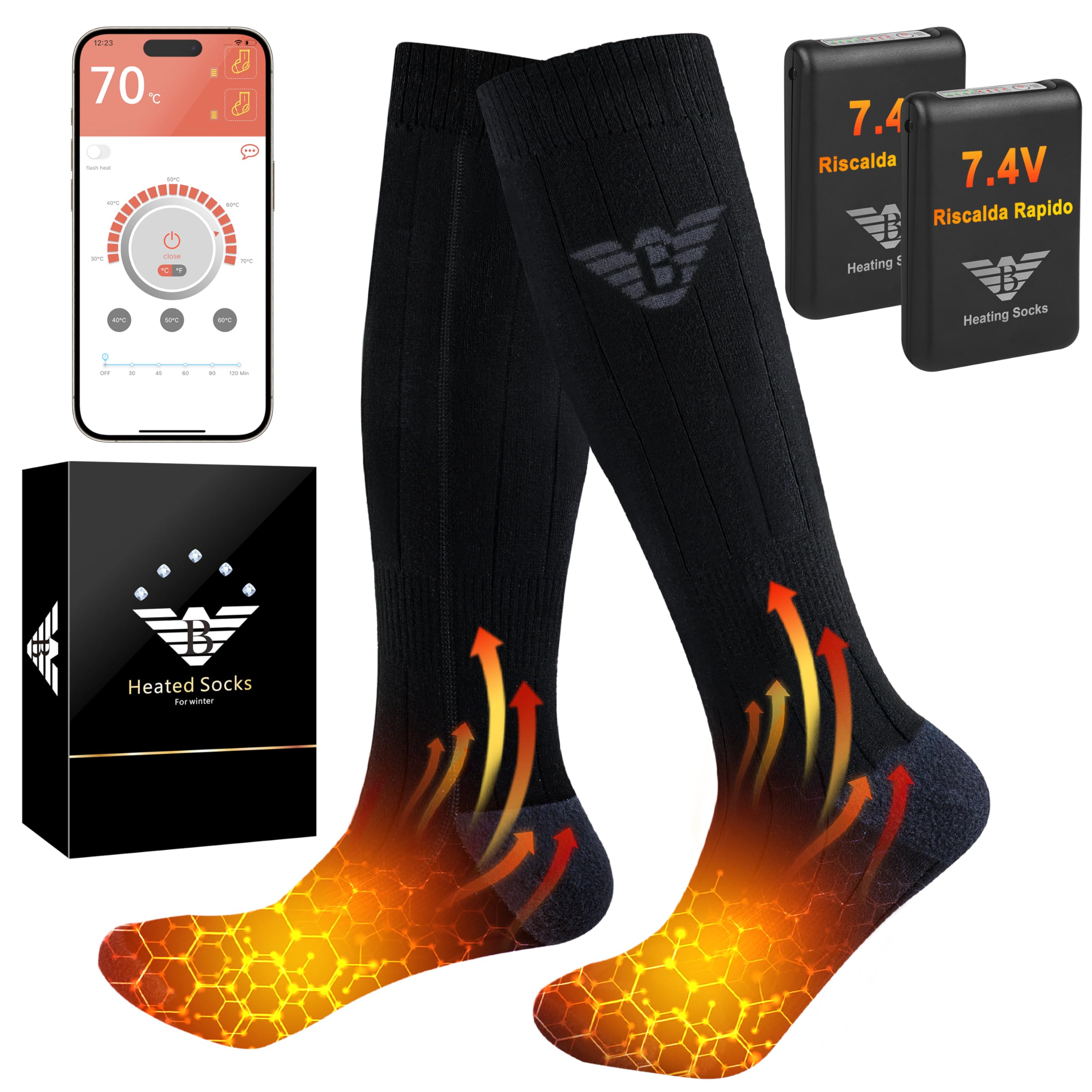 Calze Riscaldate Uomo Donna - 7.4V 3000mAh Calzini Riscaldati a Batteria, Controllo delle APP Calzini Riscaldanti per Inverno All'aperto