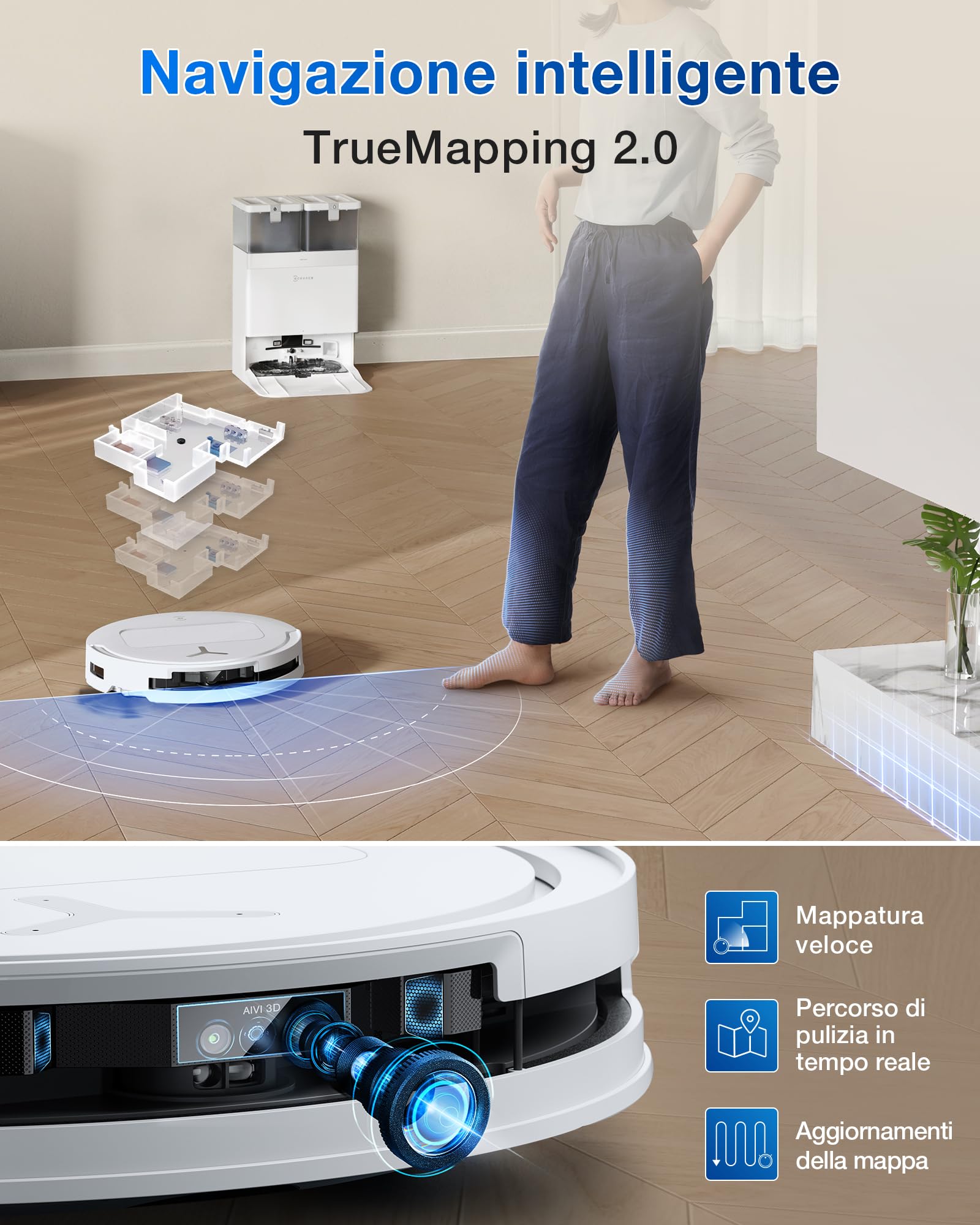 ECOVACS DEEBOT T50 PRO OMNI Gen2 Robot Aspirapolvere Lavapavimenti, (Migliorato da T30 PRO), 21000 Pa, Spazzola Laterale Estensibile e Lavapavimenti, Aggiunta Automatica Soluzione Detergente