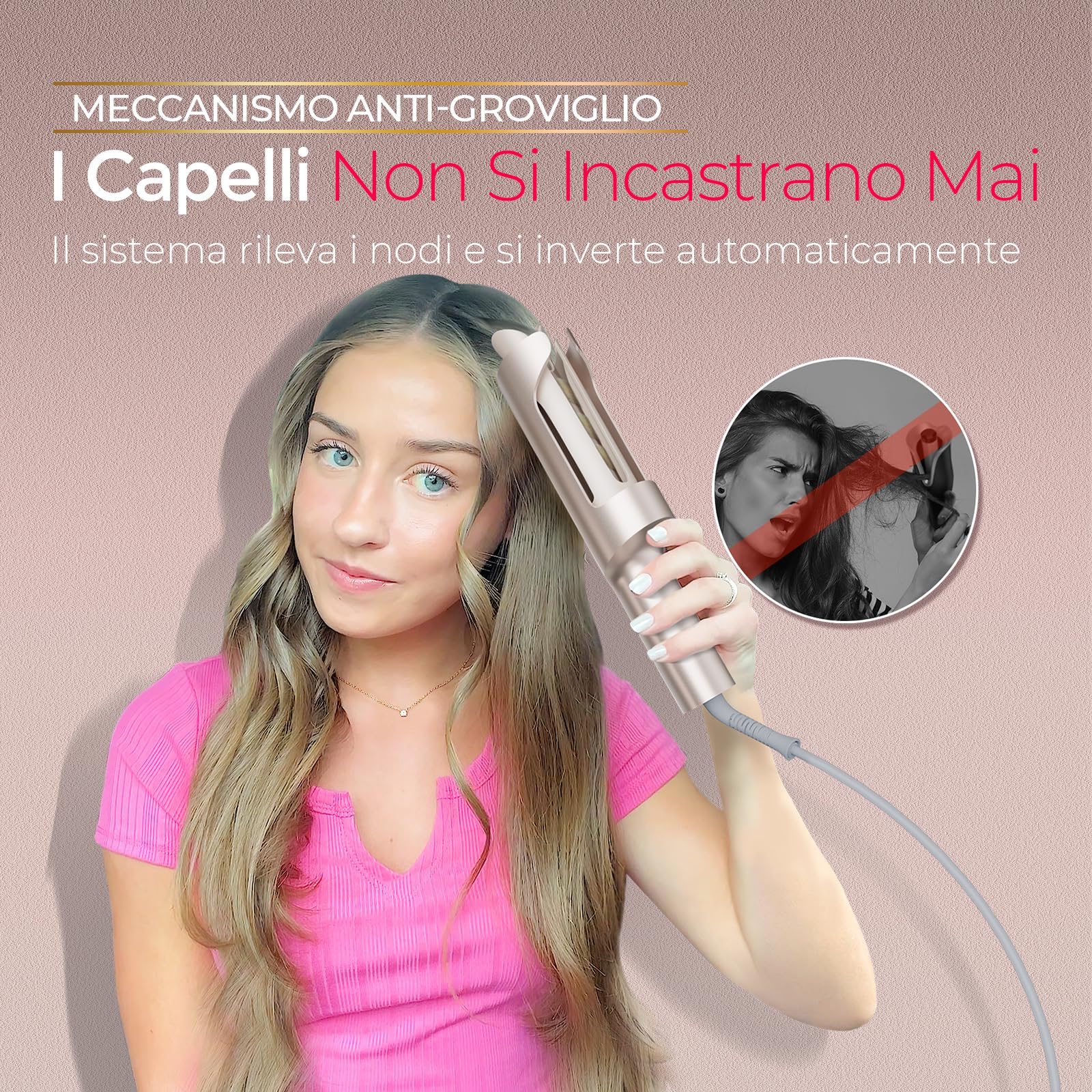 Arricciacapelli Automatico Professionale - Ferro Arricciacapelli Automatico per Grandi Ricci 25mm TYMO Curlpro Plus Beach Waves Piastra Boccoli per Lunghi Capelli Hair Curler Anti-Scaldatura Oro